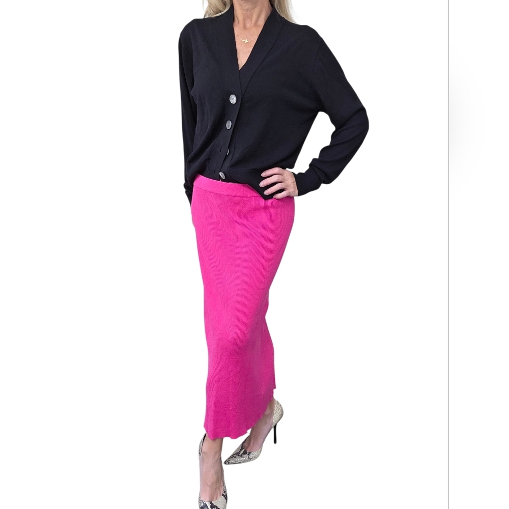 House of Harlow 1960 Hot Pink Ribbed Knit Midi Pencil Skirt L